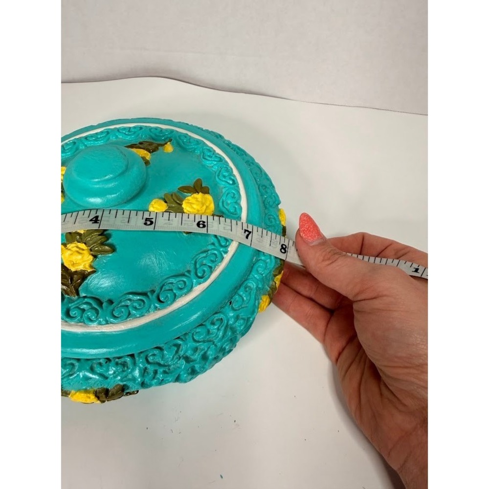 Vintage Turquoise Blue Round Trinket Box Yellow Raised Floral Relief Florentine - Picture 4 of 9
